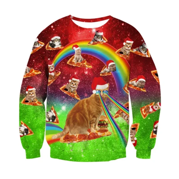 Pull de Noël Chat Laser Pizza : Ugly Christmas Sweater 3D Complètement Absurde