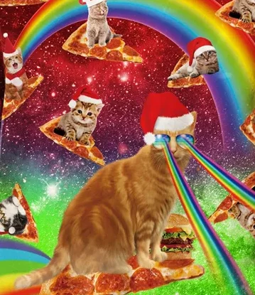 Pull de Noël Chat Laser Pizza : Ugly Christmas Sweater 3D Complètement Absurde